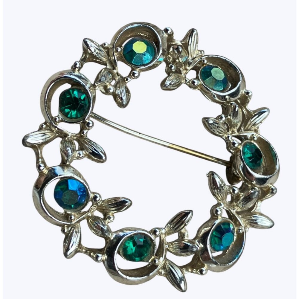 Vintage BSK Round Silver-Toned Brooch With Green Blue Rhinestones - Picture 2 of 13